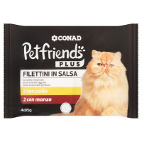 Petfriends Plus Filettini in Salsa 2 con pollo, 2 con manzo 4 x 85 g Conad