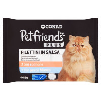 Petfriends Plus Filettini in Salsa 2 con salmone, 2 con pesce bianco 4 x 85 g Conad