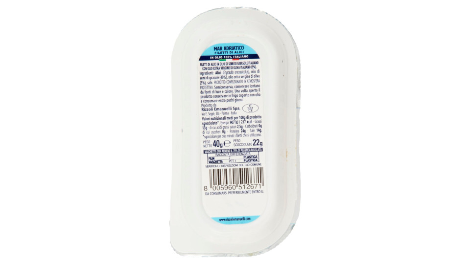 Rizzoli le Rizzoline Filetti di Alici Mar Adriatico in Olio 100% Italiano 40 g