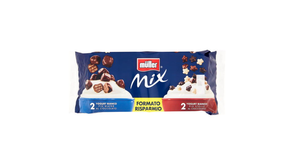 Müller Mix 2 Yogurt Bianco Più Wafer al Cioccolato 2 Yogurt Bianco Più Stelle al Cioccolato 4x150g