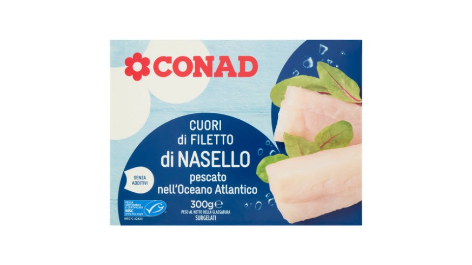 Cuori di Filetto di Nasello pescato nell'Oceano Atlantico Surgelati 300 g Conad