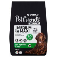 Petfriends Plus Taglia Medium e Maxi cani adulti da 10 kg in poi con agnello e riso 3 kg Conad