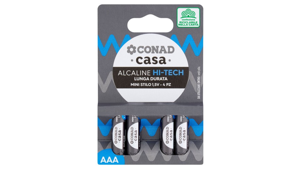 CONAD casa Pile Alcaline Hi-Tech lunga Durata Mini Stilo 1,5V 4 pz