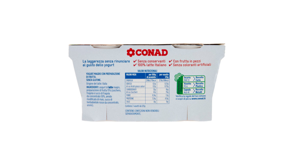 CONAD Yogurt Magro 0,1% di grassi Fragola in pezzi 2 x 125 g