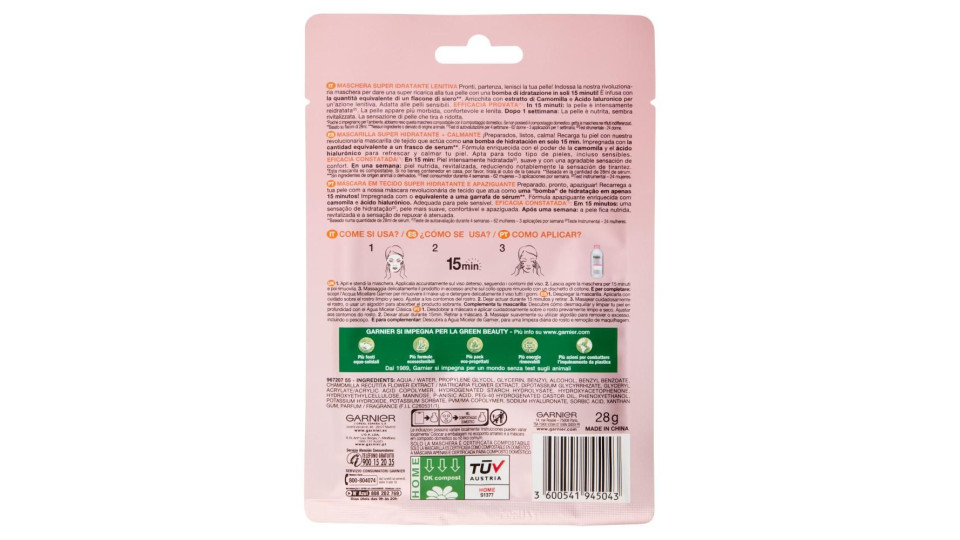 Garnier SkinActive Hydra Bomb Maschera Viso in Tessuto Super Idratante Lenitiva per Pelli Secche e Sensibili