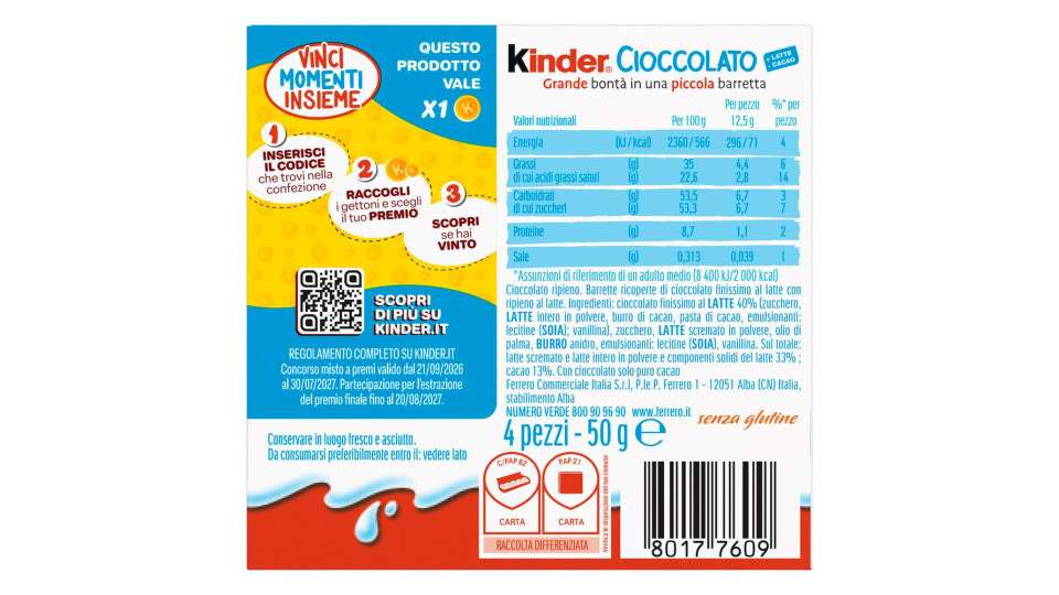 Kinder Cioccolato 4 pezzi gr.