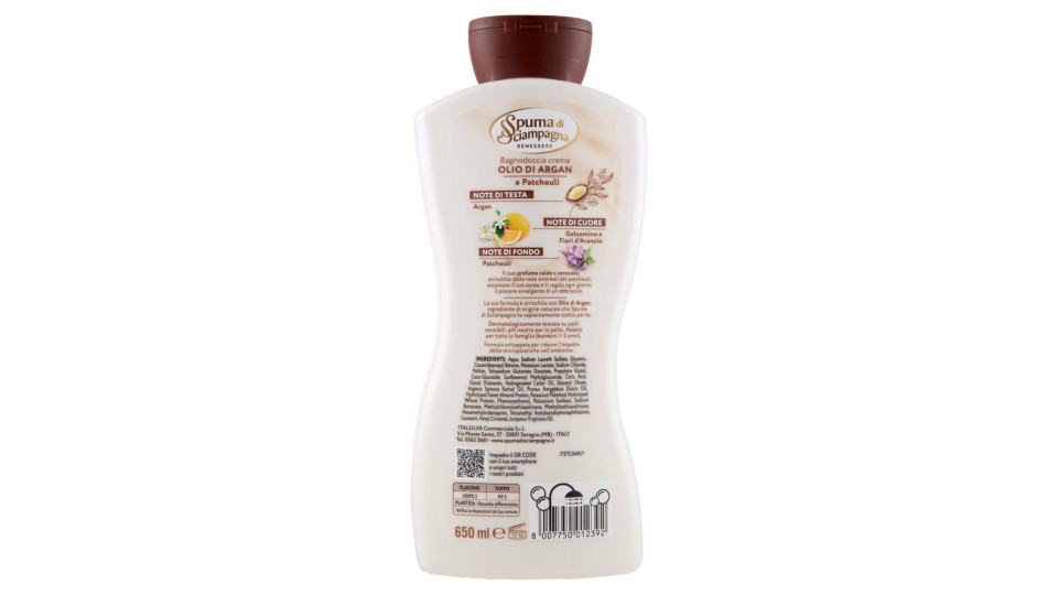 Spuma di Sciampagna Benessere Nutriente Bagnodoccia Crema Olio di Argan e Patchouli