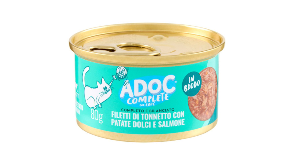 ADoC Complete For Cats Filetti di Tonnetto con Patate Dolci e Salmone in Brodo 80 g