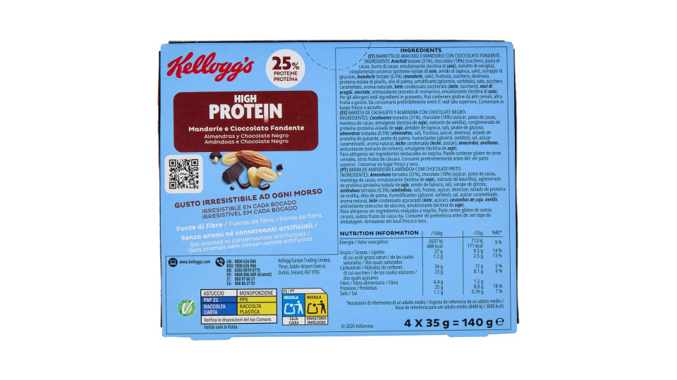 Kellogg's High Protein 25% Mandorle e Cioccolato Fondente 4 x 35 g