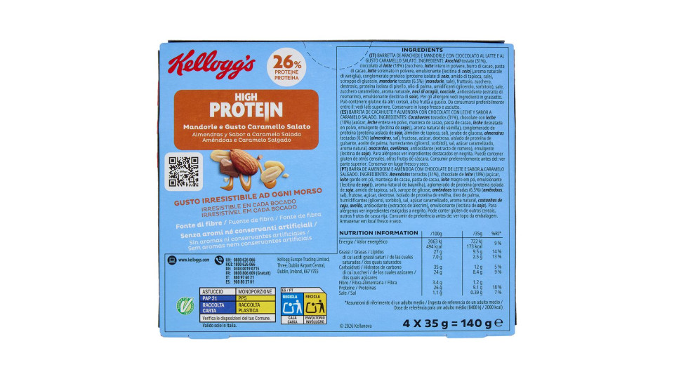 Kellogg's High Protein 25% Mandorle e Gusto Caramello Salato 4 x 35 g