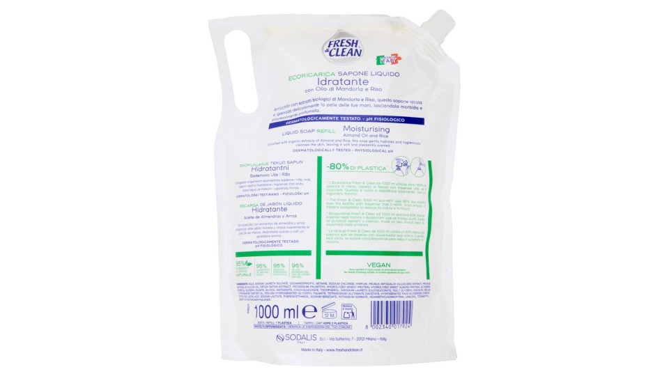 Fresh & Clean Sapone Liquido Idratante con Olio di Mandorla e Riso Ecoricarica 1000 ml