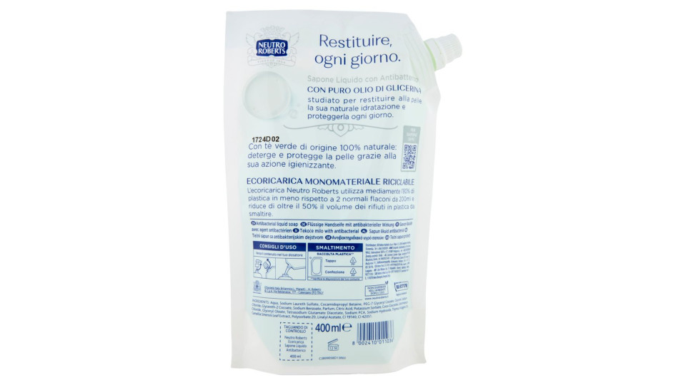 Neutro Roberts Con Antibatterico Tè Verde Sapone Liquido Ecoricarica 400 Ml