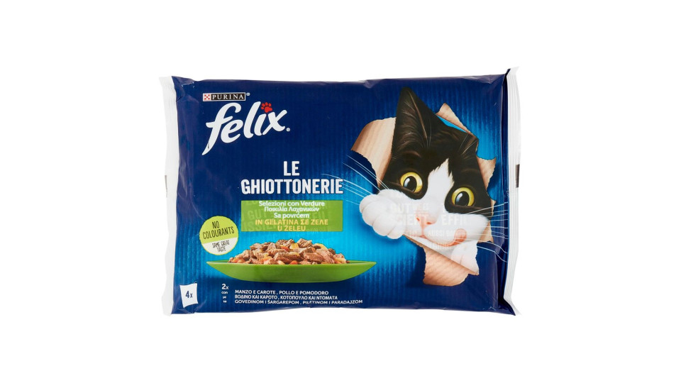 Purina, gatto Felix Le Ghiottonerie selezioni con: verdure in gelatina manzo/carote e pollo/pomodoro