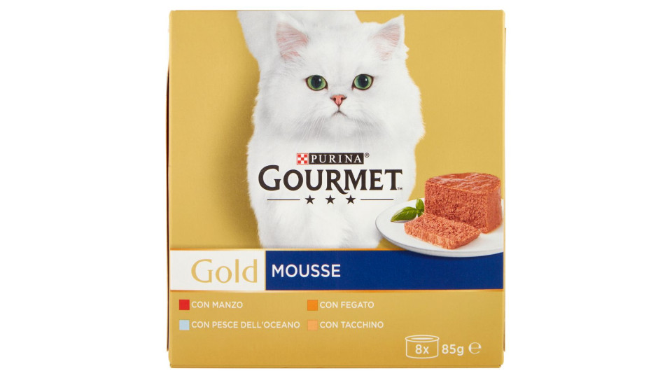 Purina, gatto Gourmet Gold mousse con pesce,con fegato,con tacchino,con manzo prelibato