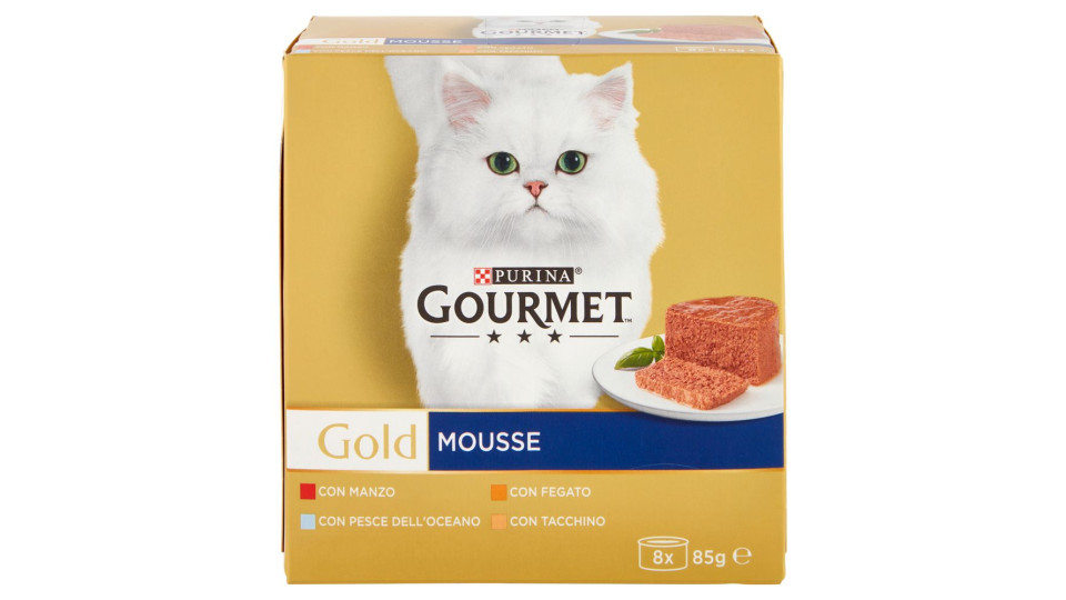Purina, gatto Gourmet Gold mousse con pesce,con fegato,con tacchino,con manzo prelibato