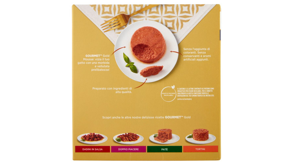 Purina, gatto Gourmet Gold mousse con pesce,con fegato,con tacchino,con manzo prelibato