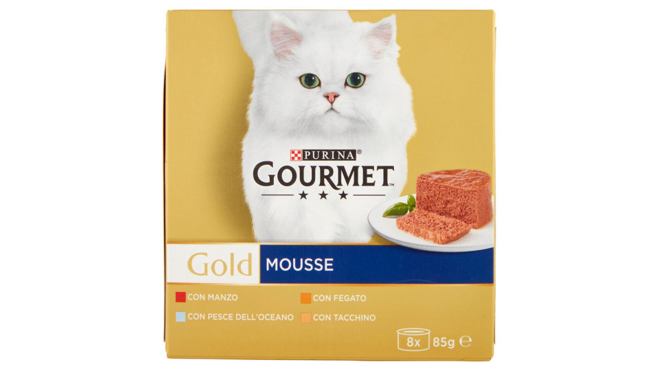 Purina, gatto Gourmet Gold mousse con pesce,con fegato,con tacchino,con manzo prelibato