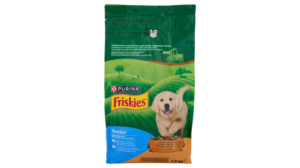 Purina, gatto Friskies crocchette Junior con pollo, latte e verdure aggiunte