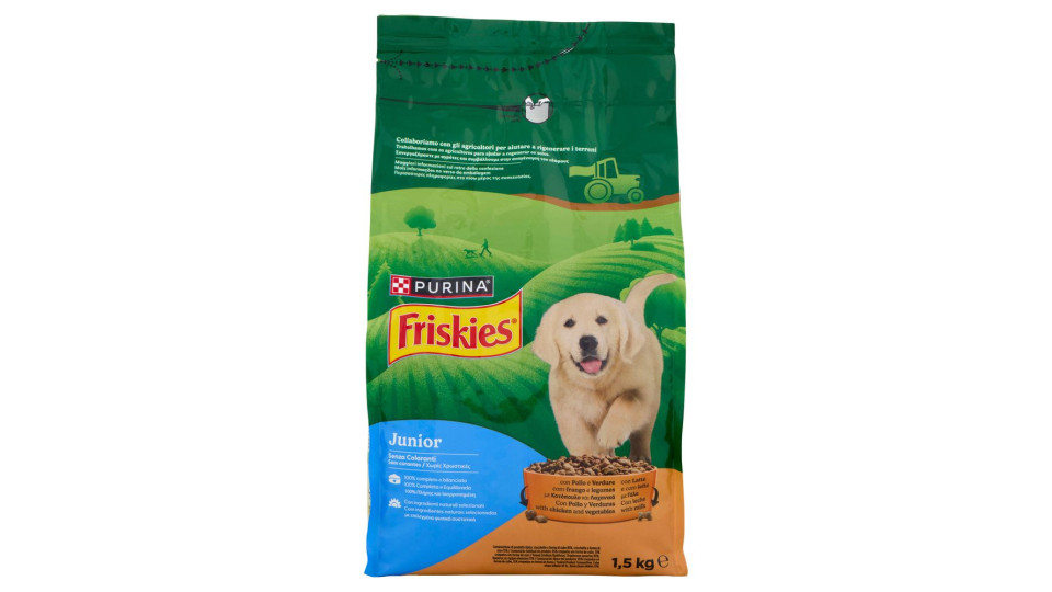 Purina, gatto Friskies crocchette Junior con pollo, latte e verdure aggiunte