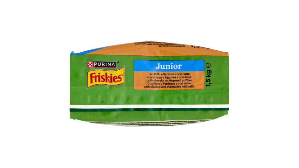 Purina, gatto Friskies crocchette Junior con pollo, latte e verdure aggiunte
