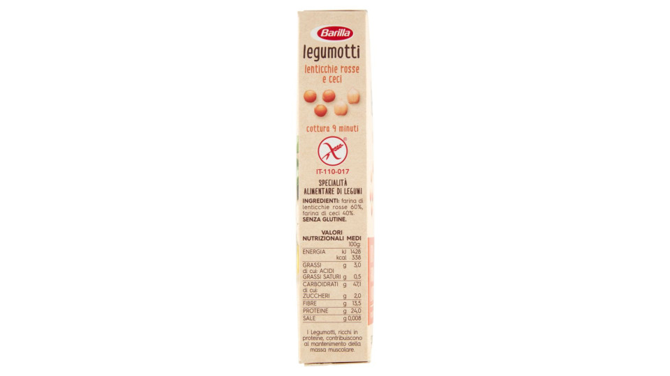 Barilla, Legumotti 100% farina di legumi lenticchie rosse e ceci lavorati in chicchi