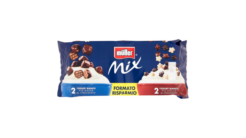 Müller, Mix 2 yogurt bianco più stelle al cioccolato 2 yogurt bianco più wafer al cioccolato