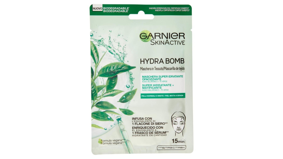 Garnier SkinActive Hydra Bomb Maschera Viso in Tessuto Super Idratante Opacizzante per Pelli Miste o Grasse