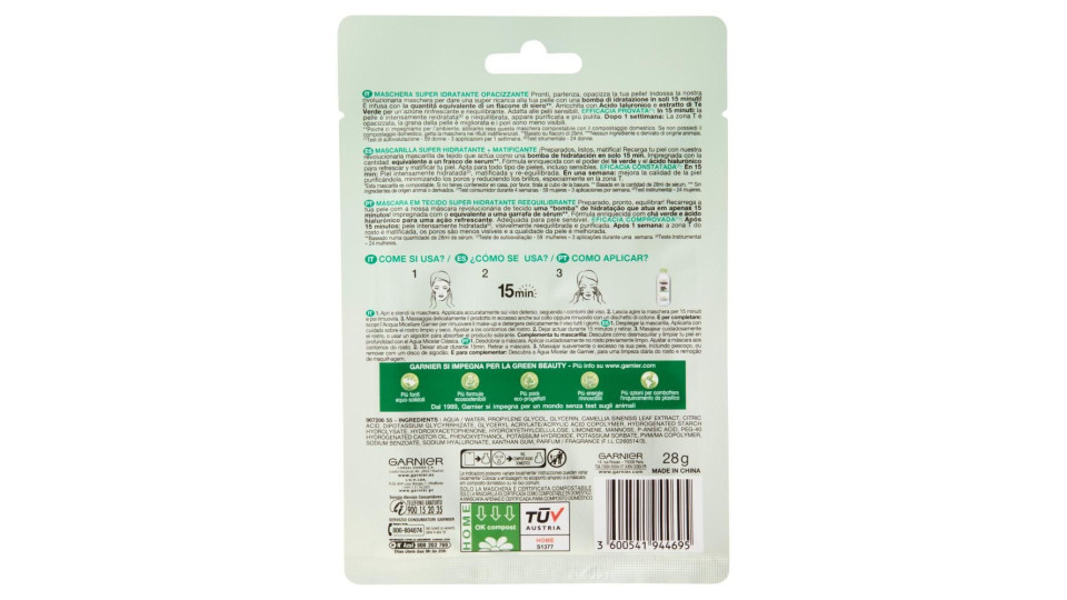 Garnier SkinActive Hydra Bomb Maschera Viso in Tessuto Super Idratante Opacizzante per Pelli Miste o Grasse