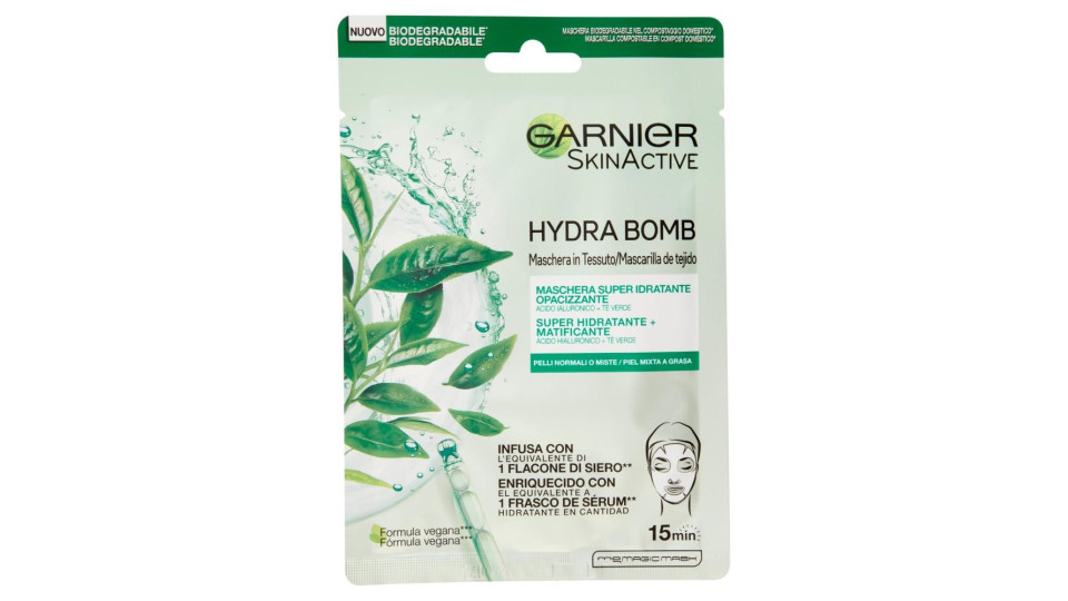 Garnier SkinActive Hydra Bomb Maschera Viso in Tessuto Super Idratante Opacizzante per Pelli Miste o Grasse