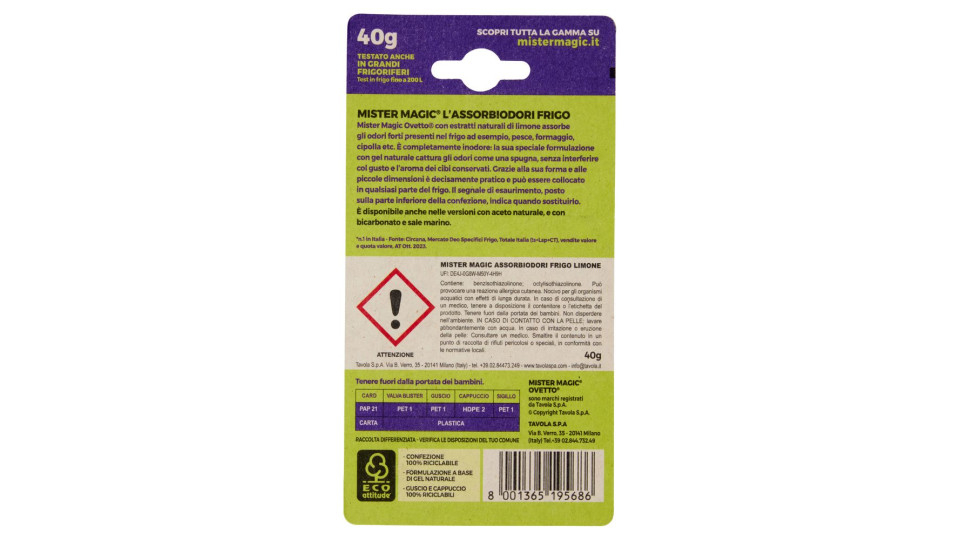 mister Magic Ovetto Assorbiodori Frigo con estratti naturali di Limone