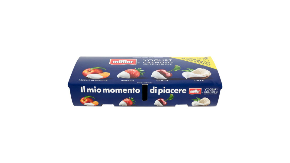 müller Yogurt Cremoso con Frutta in Pezzi Pesca & Albicocca, Fragola, Ciliegia, Cocco