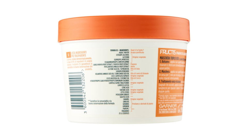 Garnier Maschera Riparatrice Fructis Hair Food, 3in1 Capelli Danneggiati, Papaya