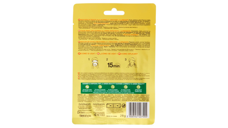 Garnier Maschera in Tessuto Hydra Bomb,Idratante e Illuminante,Con Vitamina C,Pelli Non Uniformi 28g