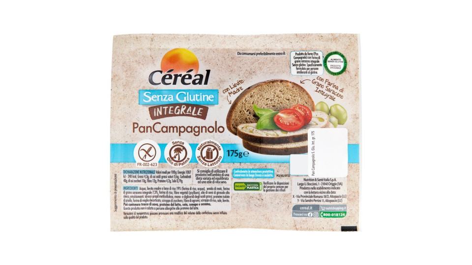 Céréal senza Glutine Integrale, Pan Campagnolo senza lattosio, Pane a fette - 175g