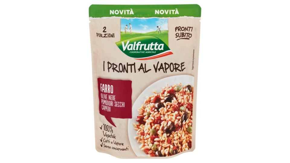 Valfrutta, I Pronti al Vapore farro, olive nere, pomodori secchi, capperi