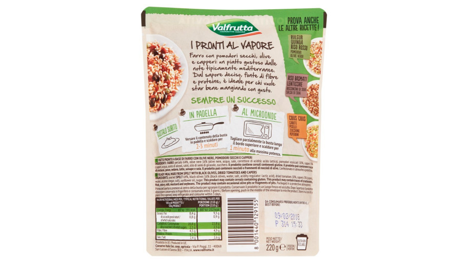Valfrutta, I Pronti al Vapore farro, olive nere, pomodori secchi, capperi