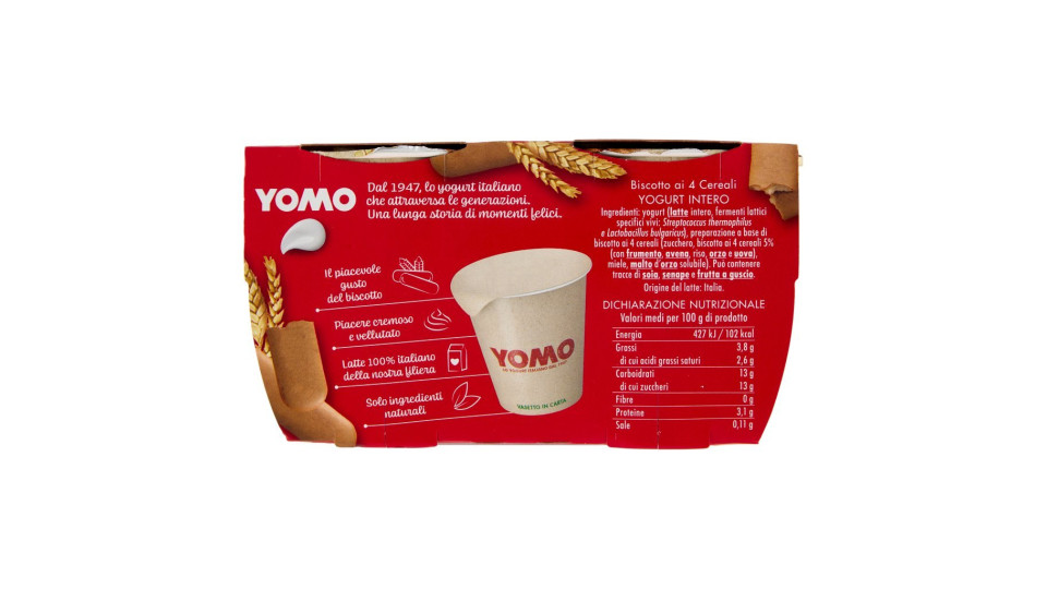 Yomo, yogurt 100% Naturale al biscotto 4 cereali