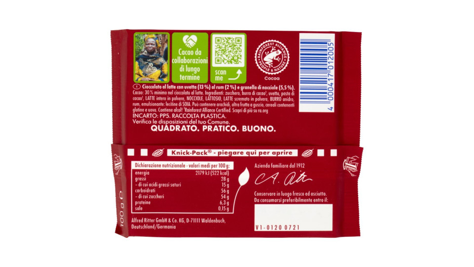 Ritter Sport Rum Uvetta e Nocciole