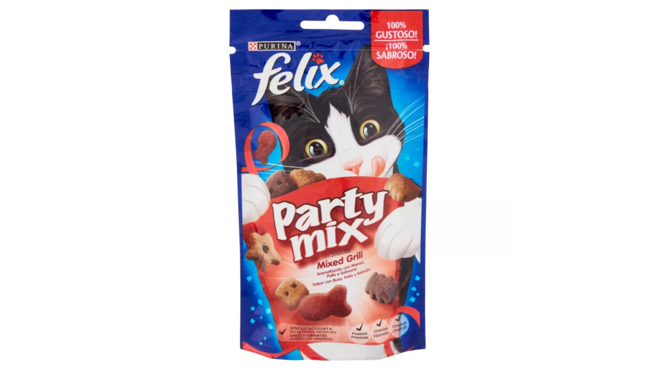 PURINA FELIX Party Mix Snack Gatto Mixed Grill Aromatizzato con Manzo, Pollo e Salmone busta