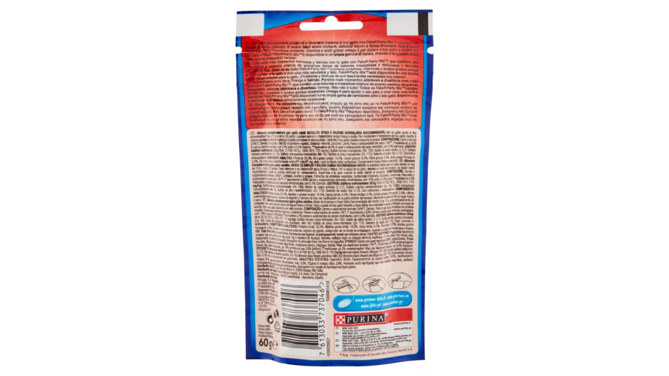 PURINA FELIX Party Mix Snack Gatto Mixed Grill Aromatizzato con Manzo, Pollo e Salmone busta