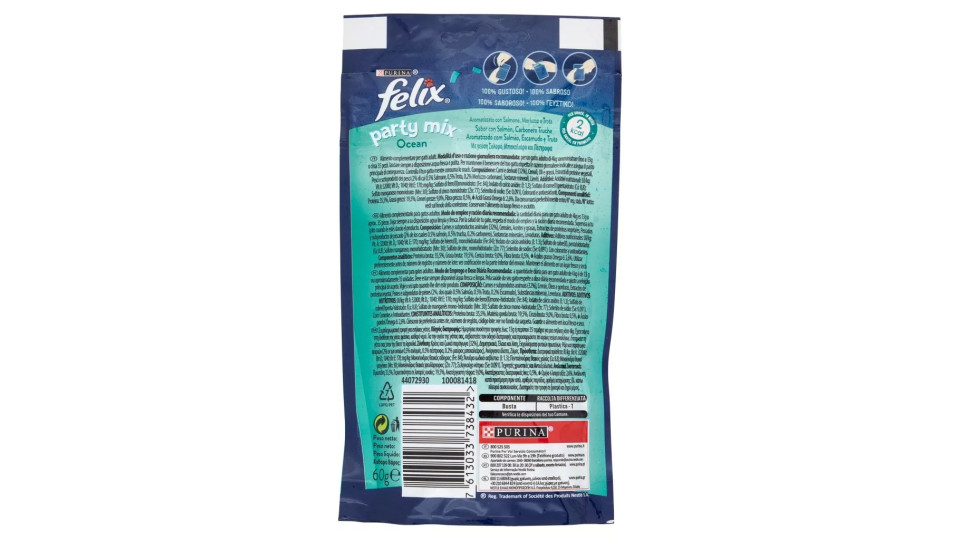 PURINA FELIX Party Mix Snack Gatto Ocean mix al gusto di salmone, merluzzo e trota busta