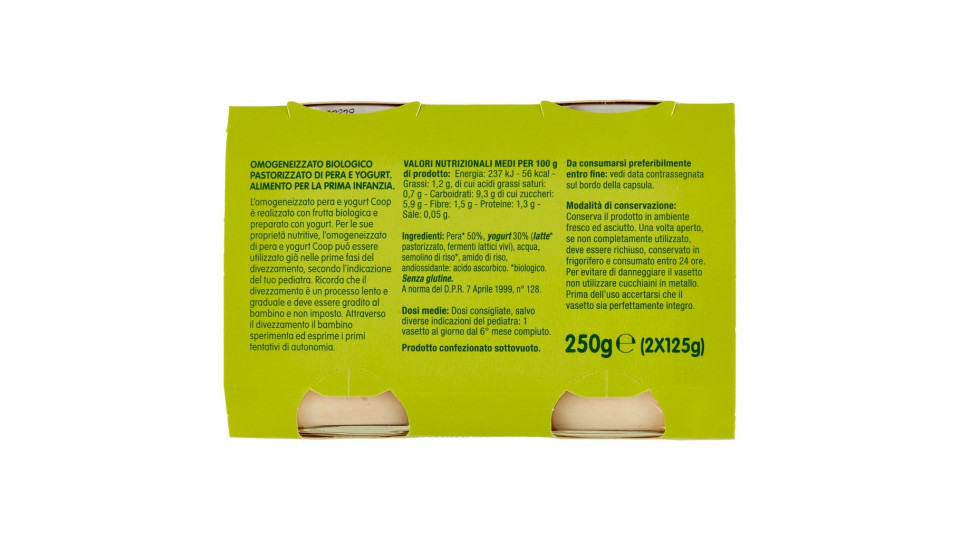 Merenda Pera E Yogurt Omogeneizzato Biologico