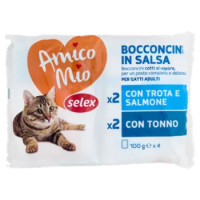 Selex Amico Mio Gatto Bocconcini In Salsa 2 Con Trota e Salmone e 2 Con Tonno 4x100 g