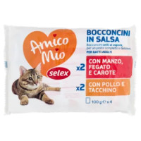 Selex Amico Mio Gatto Bocconcini In Salsa 2 Manzo, Fegato e Carote e 2 Pollo e Tacchino 4x100 g