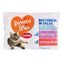 Selex Amico Mio Gatto Sterilizzato Bocconcini In Salsa 2 Con Pollo e 2 Con Salmone 4x100 g