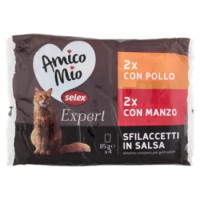 Selex Amico Mio Expert Gatto Sfilaccetti In Salsa 2 Con Pollo e 2 Con Manzo 4x85 g