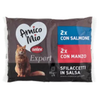 Selex Amico Mio Expert Gatto Sfilaccetti In Salsa 2 Con Salmone e 2 Con Manzo 4x85 g
