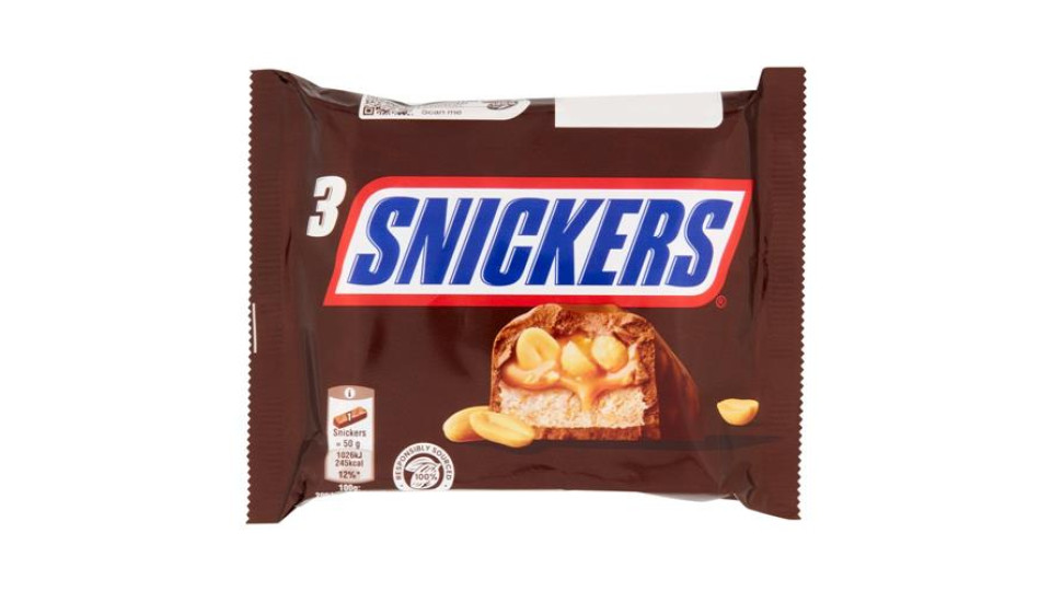 Snickers Snack al cioccolato, caramello e arachidi tostate, 3 Barrette x 50g