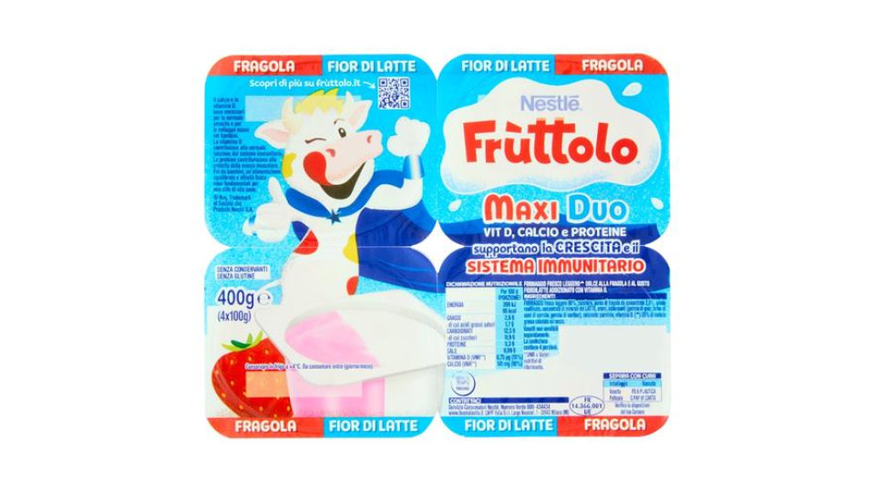 Formaggio fresco leggero° dolce alla fragola e al gusto fiordilatte addizionato con vitamina D (°) 20% di materia grassa calcolata sul secco