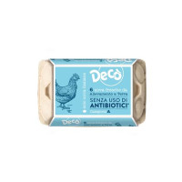 6 uova fresche da allevamento a terra Categoria A di vario calibro (peso netto minimo 330 g) da galline allevate senza l’uso di antibiotici Decò